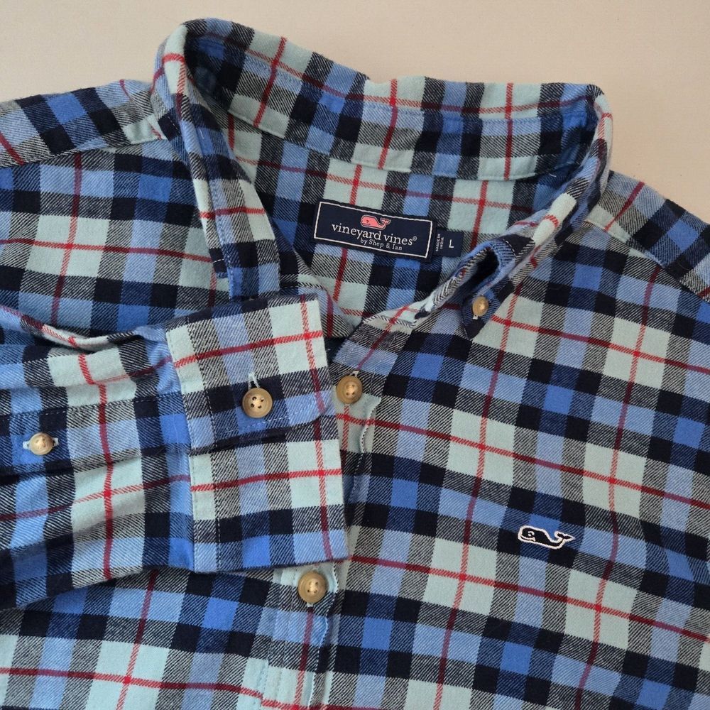 Vineyard Vines Whale Shirt Large Blue Green Plaid Flannel Cotton Long Sleeve‎